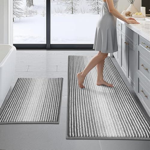 BSICPRO Bathroom Rugs and Mats Sets, 2 Piece Thick Absorbent Chenille Non Slip, Soft Shaggy Floor Mats, Machine Washable (20" x 47" Plus 16" x 24", Gray)