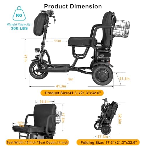 WIILAYOK 3-Wheel Foldable Mobility Scooter for Adults and Seniors, 300 lbs Capacity, Long-Range Lithium Battery, Lightweight with Basket 5