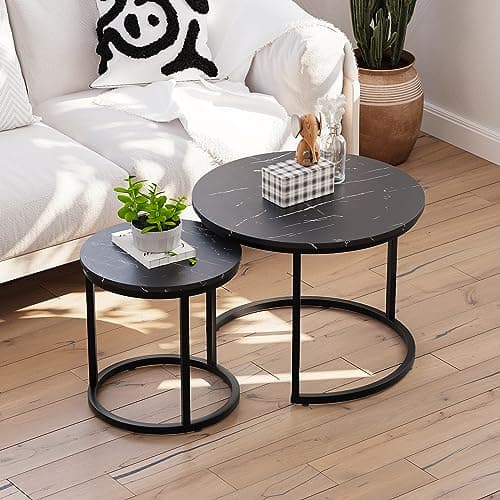 Smuxee Black Nesting Coffee Table Set of 2, 23.6" Round Coffee Table Wood Grain Top with Adjustable Non-Slip Feet, Industrial End Table Side Tables for Living Room Bedroom Balcony Yard
