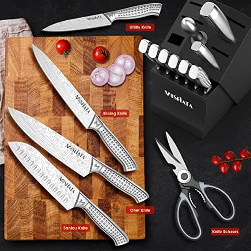 MOSFiATA Japanese Stainless Steel Knife Set, 17 Pcs with Block, Knife Sharpening Rod, Dishwasher Safe, Dad Birthday Gift 6