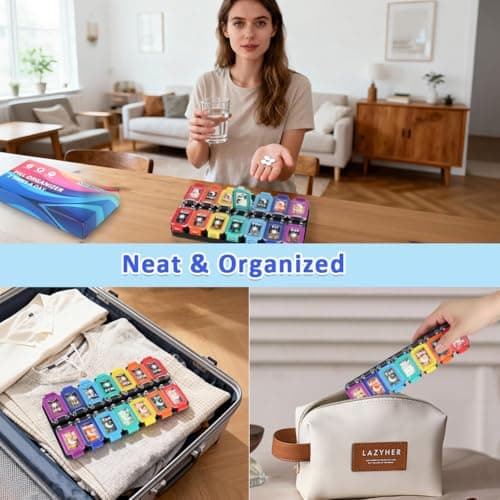 Shintop Weekly Pill Organizer 2 Times a Day, Moisture-Proof Large Vitamin Box 7 Day Secure-Locking Medicine Case with Detachable Rows for Home & Travel (Rainbow) 8