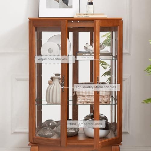 44" Small Lighted Glass Accent Curio Cabinet, Vintage China Cage with 2 Tempered Glass Doors & Adjustable Shelves, Acrylic Mirrored Pane, Elegant Wine Artwork Showcase Rack for Living Room (Dark Oak) 6