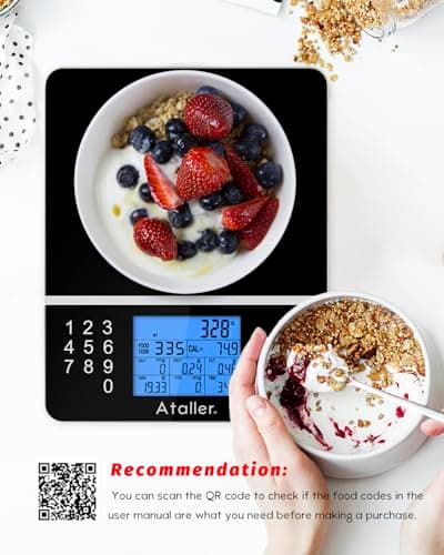 Ataller Food Scale with Nutritional Calculator, Kitchen Diet Scale, Digital Food Calorie Counting Scale for Meal Prep, Kitchen, Baking, Weight Loss, Resolution 1g, Max 5kg 11Ib, Tempered Glass, Black 7