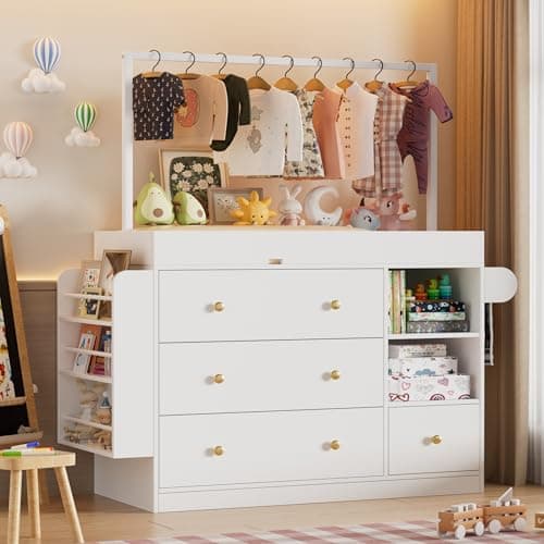 CASANOOKK Modern Changing Table Dresser,Baby Dressing Table with 4 Drawers and Storage Shelves,Multi-Functional Baby Changing Table with Drying Rack for Nursery, White