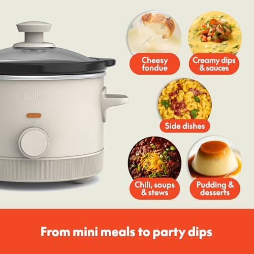bella 1.5 Qt Slow Cooker with 3 Heat Manual Control, Ceramic Nonstick Coating, Dishwasher Safe Stoneware Pot and Tempered Glass Lid, Tangle Free Cord Wrap & Cool Touch Handles, Oatmilk 6
