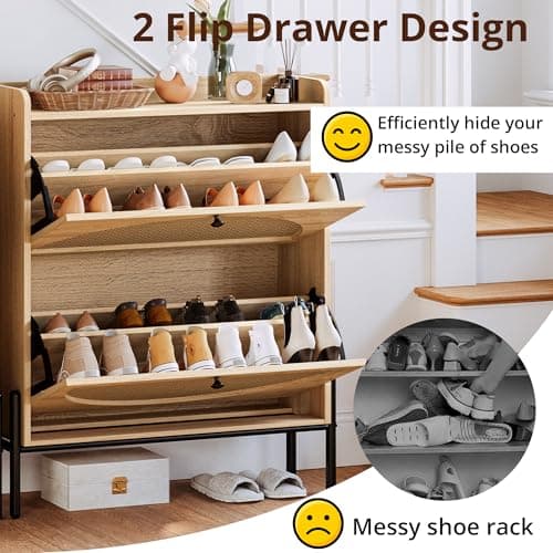 IRONCK Shoe Cabinet Storage with 2 Flip Drawers, Free Standing Wooden Shoe Storage Organizer Cabinet with Rattan Doors for Entryway, Narrow Shoe Rack Cabinet, Oak 8