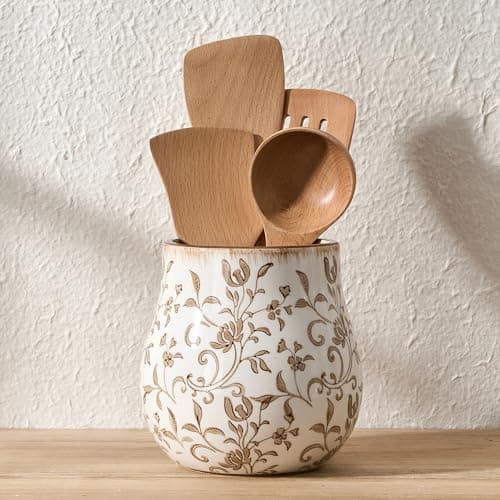 JIEMEI HOME Kitchen Utensil Holder, 6.3" Ceramic Rustic Utensil Crock for Countertop, Farmhouse Cooking Tool Organizer, Spatula Holder For Kitchen Decor, Brown Floral