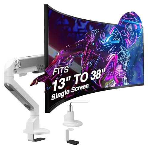 AVLT Single 13"-38" Monitor Arm Desk Mount fits One Flat/Curved/Ultrawide Screen Full Motion Height Swivel Tilt Rotation Adjustable Arm - VESA/C-Clamp/Cable Management - White