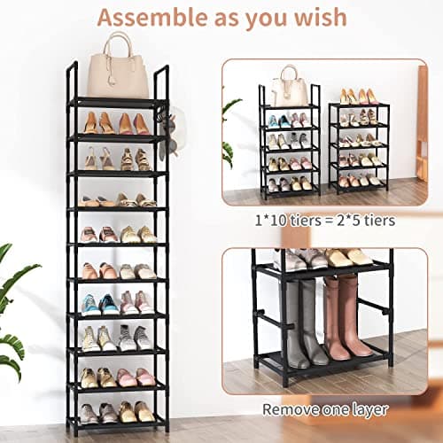 LANTEFUL 10 Tiers Tall Shoe Rack 20-25 Pairs Boots Organizer Storage Sturdy Narrow Shoe Shelf for Entryway, Closets with Hooks, Black 5