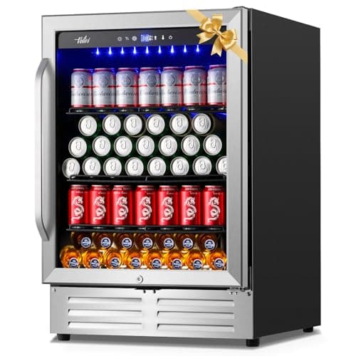 Velieta 24 Inch Beverage Refrigerator Cooler,210 Cans Wide Beverage and Beer Fridge with Glass Door and Powerful Cooling Compressor, Built-in/Freestanding Drink Fridge for Kitchen, Bar or Office