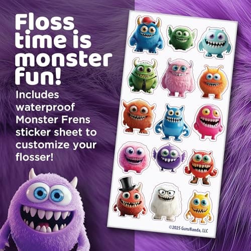 GuruNanda Kids Water Dental Flosser - 4 Flossing Modes, 4 Nozzles, 2-Min Smart Timer, Ages 6+, Monster Frens Theme, Portable Oral Care for Kids 8