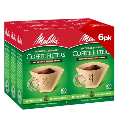 Melitta #4 Cone Coffee Filters, Natural Brown, 100 Count (Pack Of 6), 600 Total Filters - Fits all 8-12 Cup Cone Coffee Makers and Pour-Overs, Compostable, Tear-Resistant