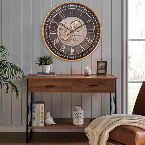CLXEAST 24 Inch Wall Clock with Moving Gears,Oversized Large Industrial Steampunk Clock, Antique Gold Metal Roman Numeral Wall Clocks for Farmhouse Living Room Decor,Valentines Day Gifts 6