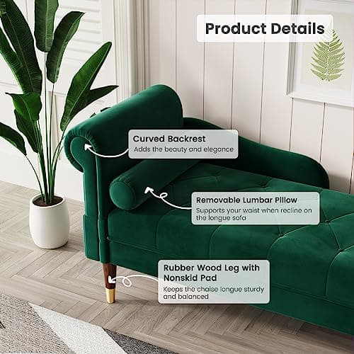 Vesgantti 59" Velvet Chaise Lounge Indoor,Upholstered Furniture Lounge Chair with Left Armrest & Lumbar Pillow, Button Tufted Lounge Sofa for Living Room Bedroom Office,Tool-Free Assembly(Green) 5