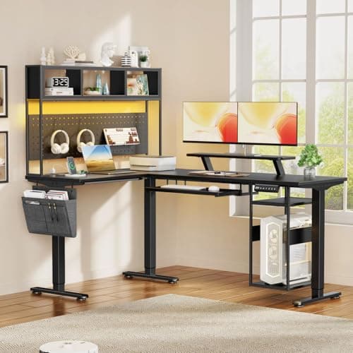 Flycity Electric L Shaped Standing Desk Adjustable Height, 67" x 47" Corner Computer Desk with Host Shelf, Gaming Desk with LED Lights & Power Outlet, Dual Motor Home Office Desk with Storage, Black 9