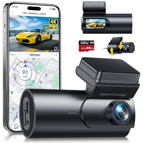 GKU Dash Cam Front and Rear Camera,4K+1080P, 5.8GHz WiFi & GPS Dash Camera for Cars,with 64G SD Card,1.47" Display Dashcam, 24HParking Mode,App,Super Night Vision,Support Max 256GB (D600Pro)