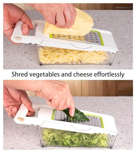 NACOLUS Cheese Grater with Container,5 In 1 Mandoline Slicer for Kitchen,Multi Purpose Vegetable Slicer, Easy to Clean Vegetable Chopper,Cheese Shredder,Julienne Slicer and Peeler 6