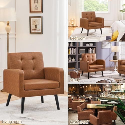 Yaheetech Mid-Century Accent Chairs, PU Leather Modern Upholstered Living Room Chair, Cozy Armchair Button Tufted Back and Wood Legs for Bedroom/Office/Cafe, Retro Brown 5
