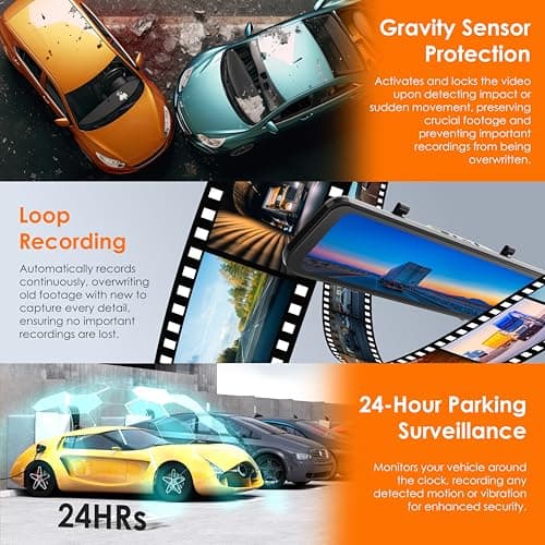 UZIVO U24 Mirror Dash Cam, 4-Channel, 12” Touchscreen, 1080p, 170° Wide Angle, Stream Media, Auto-Backup Camera for Car, Truck, Taxi, Night Vision, Parking Monitor，Free 128GB Card 7