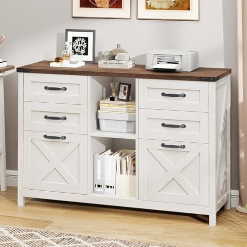 Lateral File Cabinet with 6 Drawers, Farmhouse Filing Cabinet for Letter/A4 Size, Wood File Storage Cabinets Printer Stand with Open Storage Adjustable Shelf for Home Office Cabinets, White and Brown 6