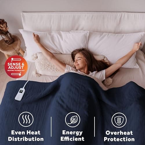 Sunbeam Royal Ultra Fleece Heated Electric Blanket Twin Size, 84" x 62", 12 Heat Settings, 12-Hour Selectable Auto Shut-Off, Fast Heating, Machine Washable, Warm and Cozy, Admiral Blue 6