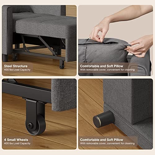 Noelse Convertible Sofa Bed, 3-in-1 Multi-Functional Sleeper Chair Bed, Adjustable Backrest Recliner with Modern Linen Fabric for Living Room Bedroom Apartment Small Space, Dark Grey 6