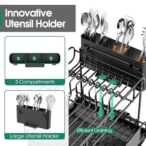 Urackify Dish Drying Rack for Kitchen Counter, Expandable 2 Tier Dish Rack, Large Capacity Dish Drainer with Drainboard Multifunctional Dish Strainer with Removable Cutlery Holder Black 6