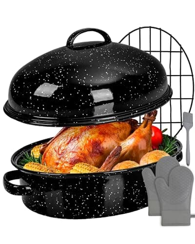 MCCSI Roasting Pan with Lid & Rack 18 Inch Extra Large Deep Oven Baking Pot, Enamel Granite Non-Stick Oval Carbon Steel Pot for Turkey Chicken Ham Steak Non-Toxic for Mother Day Gift Roaster Pan