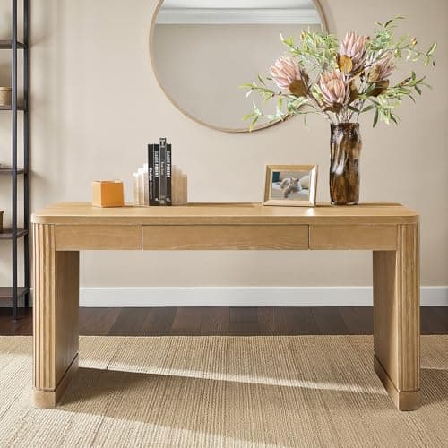 HULALA HOME Computer Desk with Power Outlets, 60 inche Modern Office Desk with Keyboard Tray and Fluted Wood Legs, Solid Wood Drawer, SEADRIFT 8