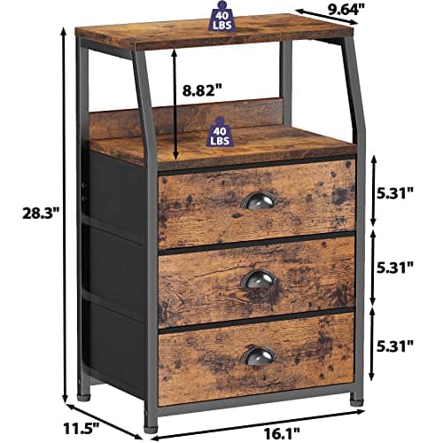 Furnulem Nightstand with 3 Drawers and 2-Tier Shelf, Fabric Small Dresser Organizer Vertical Storage Tower for Bedroom, Closet, Hallway, Nursery, End Table Side Furniture, Sturdy Steel Frame, Wood Top 3