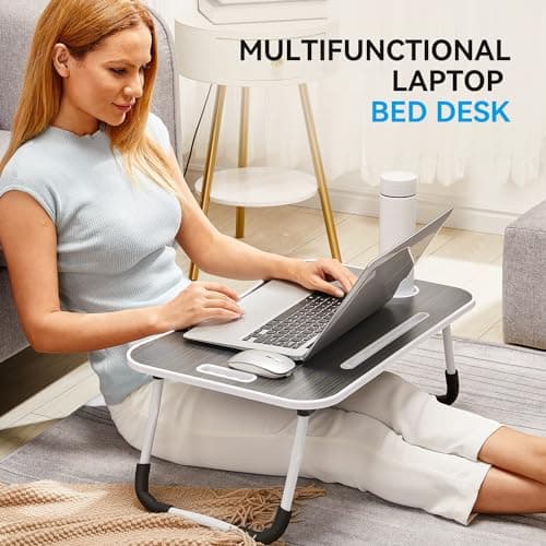BUYIFY Folding Lap Desk, 23 Inch Portable Wood Black Laptop Bed Desk Lap Desk with Cup Holder, for Working Reading Writing, Eating, Watching Movies for Bed Sofa Couch Floor 6