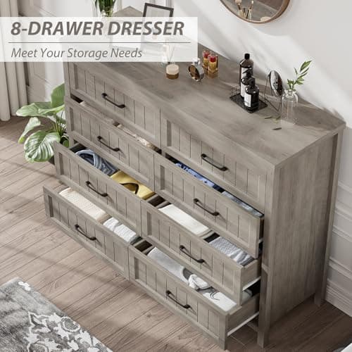 Jocoevol Farmhouse Dresser 8 Drawer Dresser for Bedroom, Large Wooden Dressers Double Grey Dresser with Deep Drawers Dressers for Hallway, Entryway (Gray) 5