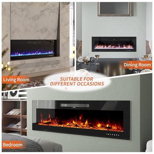 Amerlife 60" Electric Fireplace Wall Mounted, Recessed and Freestanding, Fireplace Heater W/12 Flame Color and Brightness, Touch Screen & Remote Control, Log Set & Crystal Included, Black 7