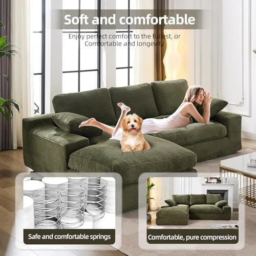 98.4" Green Sectional Sofa Cloud Modular Sectional Couch with Chaise,Corduroy Sectional Couches L-Shaped Modern Upholstered Sofa with Deep Seat for Living Room and Bedroom,No Assembly Required(Green) 7