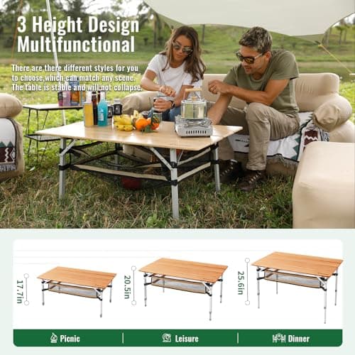 KingCamp Bamboo Folding Camping Table Adjustable. Supports 176lbs with A Premium Bamboo Top and 3 Adjustable Heights, Ideal for Stable Dining or Cooking at Picnics, RVs, and Glamping Sites 6