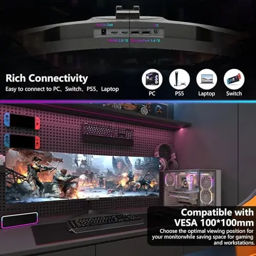 49 Inch Curved Ultra Wide Gaming Monitor, 4K (3840x1080P), 144Hz/165Hz 1500R, 32:9125% sRGB, FreeSync, Height Adjustable Screen Monitor, HDMI 2.1 And DP 1.4, Supports Wall Mounted Installation 8