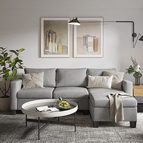 YESHOMY Convertible Sectional Sofa Modern Linen Fabric L-Shaped Couch 3-Seat for Living Room, Light Gray