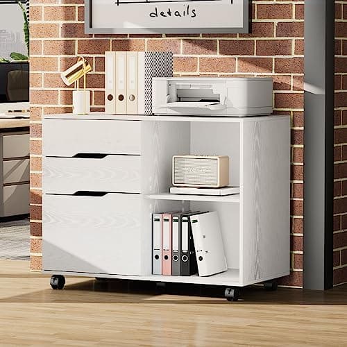 OLIXIS 3 Drawer File Cabinet Mobile Lateral Printer Stand with Adjustable Storage Shelves for Home Office Small Space, White 7