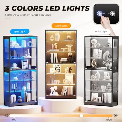 BROTTAR Display Cabinet with Glass Door, 6-Tier 71" Curio Cabinet with 3 Color Lights for Collectibles, Display Case with Adjustable Glass Shelves, Human Body Sensor, Storage Cabinets, Black 6