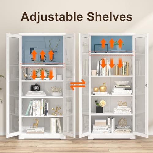 Curio Display Cabinet with Glass Doors,71”H Metal Display Case with 4 Adjustable Shelves, White China Storage Cabinet for Collectibles, Trophies & Liquor - Locking Tall Glass Cabinet for Home 6