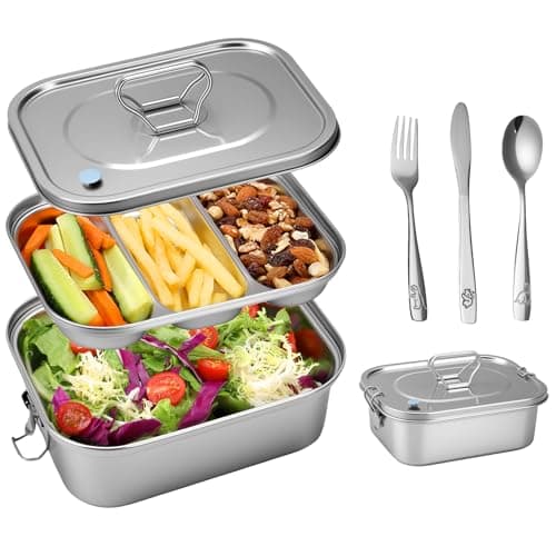 SUTETLW 304 Stainless Steel Bento Box Leakproof 3-Compartment Tray, 1800ml Stainless Steel Lunch Box with Airtight Valve Handle, Including Utensil Set (Fork/Knife/Chopsticks) for Travel, Work.