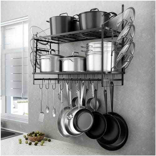 HOYRR Hanging Pot Rack Wall Mounted,30 Inch Wall Hanging Pot Rack,Pot Hangers for Kitchen Wall Mount,Pot And Pan Hanger Side Piece with 2 Pieces Pans Lids Organizer,Wall Pot Rack Hanging Rod+16 Hooks