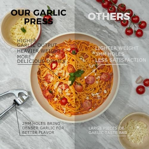 Kitessensu High Effective Premium Garlic Press Set, With Silicone Garlic Peeler & Brush, Heavy Duty Garlic Mincer, Easy to Squeeze and Clean, Rust Proof - Gloss Silver 8