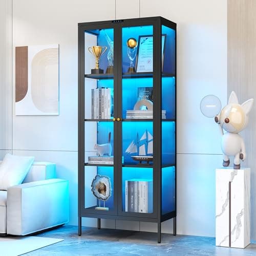 Polup Glass Display Cabinet with 8-Color LED Lights, Black Curio Cabinet with Glass Doors, 66 Inch Tall Display Case for Collectibles, Metal Storage Cabinet for Living Room, Assembly Required