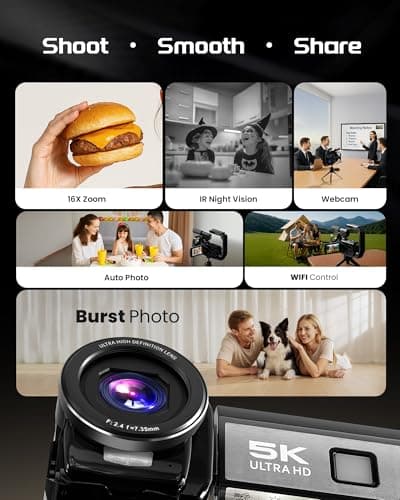 5K Video Camera Camcorder, UHD 64MP Vlogging Camera for YouTube with 3" 270° Rotatable Touch Screen, Digital Camera with IR Night Vision, 16X Zoom/WiFi/Webcam/HD/32GB Card/2 Batteries/Microphone 8