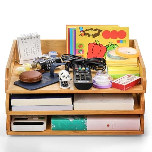 Okllen 3 Pack Stackable Paper Trays, Bamboo Desk Letter Tray Set, 3 Tier File Document Organizer Tray for A4 Paper, Magazine, Receipts, Office Supplies 5