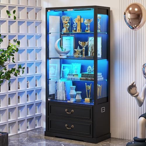 FREDEES Display Cabinet with Glass Doors,67" Adjustable Display Shelf with 2 Drawers and 4 Tier Curio Cabinet,Tall Bookcase with 3 Color Lights and Human Body Sensor for Toys,Books（Black）