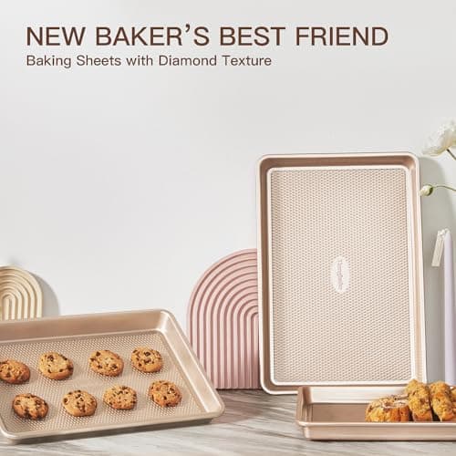 HONGBAKE Baking Sheet Pan Set of 3, Cookie Sheets for Oven, Nonstick Half/Quarter/Jelly Roll Pans with Diamond Texture Pattern, 0.8mm Thick Heavy Duty Cookie Tray, Champagne Gold 8
