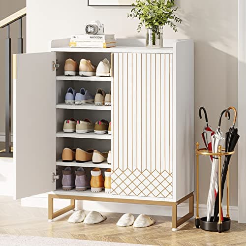 Tribesigns Shoe Cabinet with Doors, 5 Tiers Shoe Storage Cabinet for Entryway, 25 Pairs Wooden Shoe Cabinets, Modern Shoe Organizer Storage for Living Room, Bedroom, Hallway, Closet, White