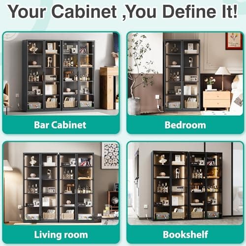 SISESOL Display Cabinet with Glass Doors and Light,Glass Display Cabinet,Dark Grey Storage Cabinets,Curio Bookcase with 5 Shelves for Collectibles,Home,Office,Living Room 6